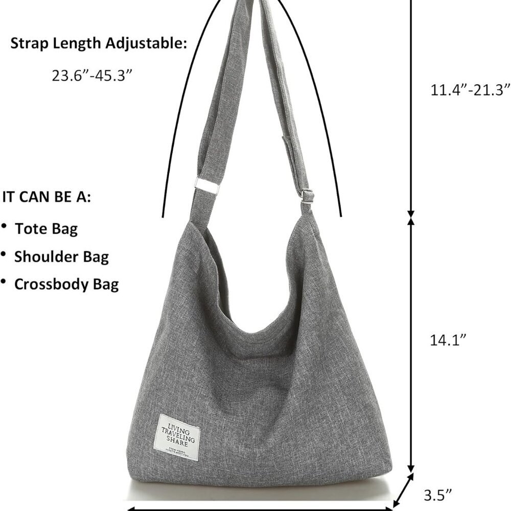 Women's Retro Large Size Canvas Shoulder Bag Hobo Crossbody Handbag Casual Tote - Picture 3 of 7